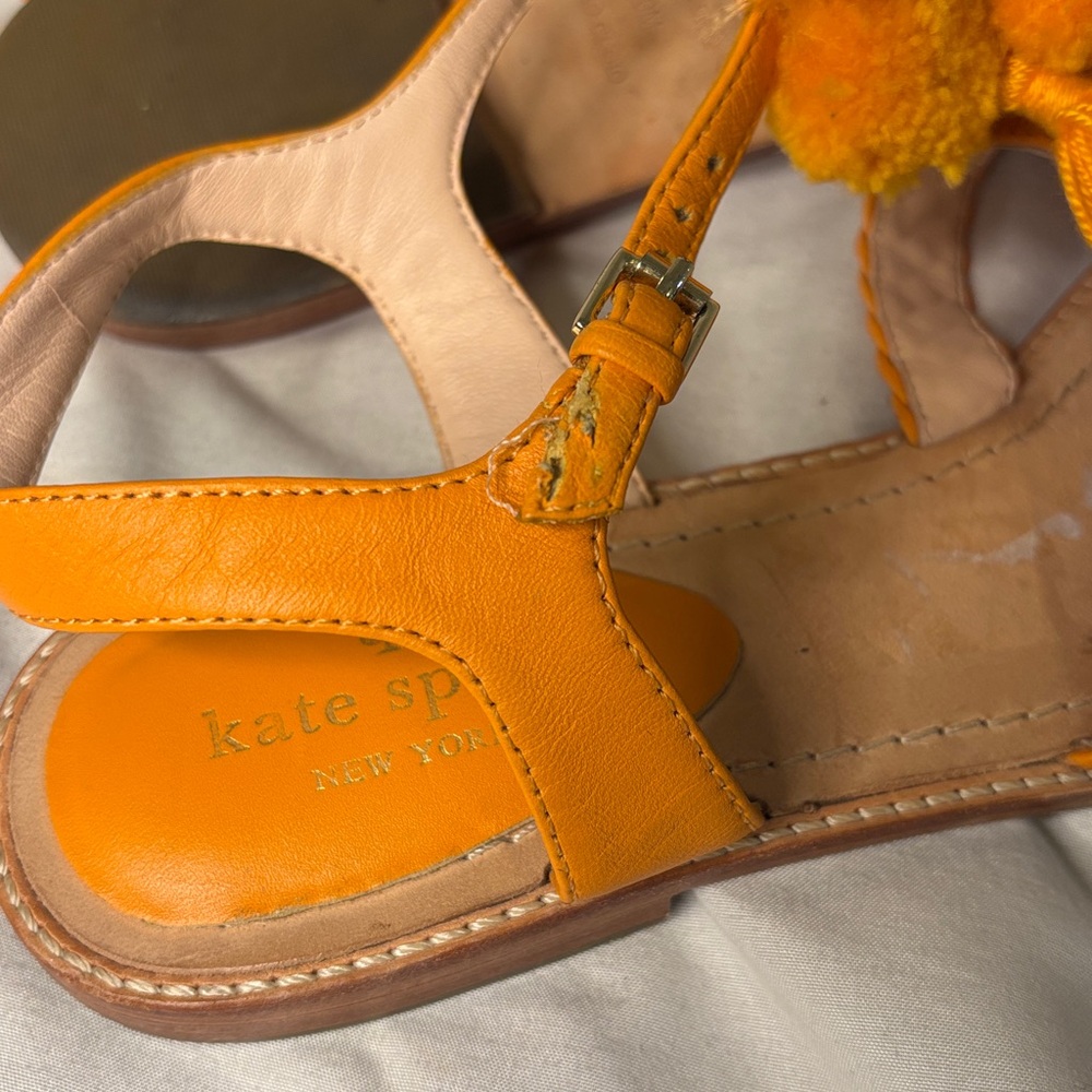 Kate Spade Pom Pom Tassel Flat Leather Sandals Orange Size 10 - Picture 5 of 7